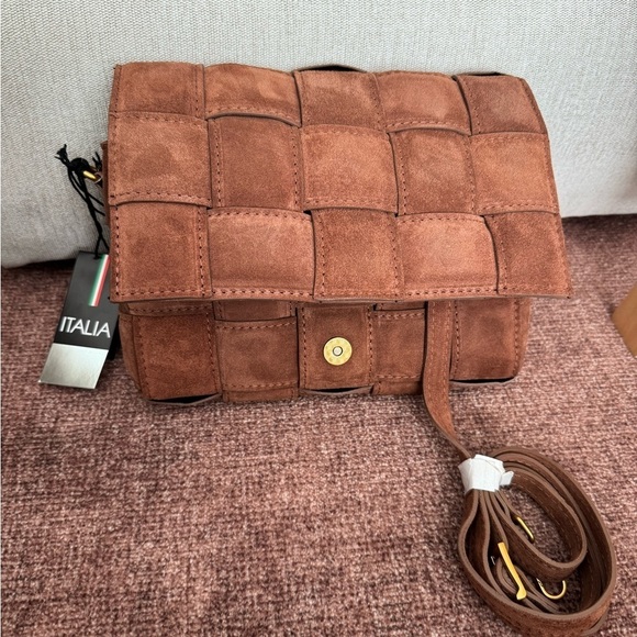 NWT VIOLA CASTELLANI Bruciato Brown Suede Padded Woven Crossbody Made In Italy - Picture 1 of 10